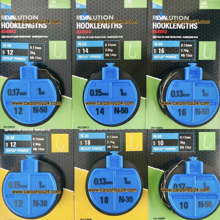 Preston REVALUTION HOOKLENGTHS BARBED 1m N-30 & N-50 - 8 Opties